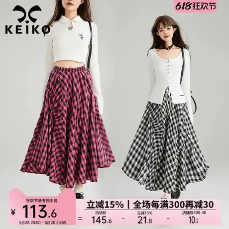 KEIKO 文艺感不规则格纹半身裙2025春夏新松紧高腰显瘦a字长裙子图片