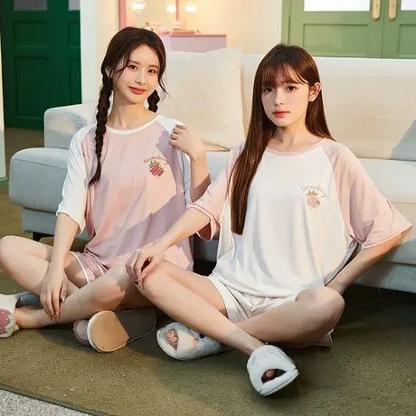 唐狮睡裙夏季女款新款插肩袖草莓甜美睡衣女可外穿家居服套装商品大图