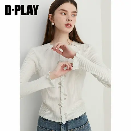 DPLAY秋季简约白色圆领针织毛衣新款针织衫修身长袖上衣女商品大图