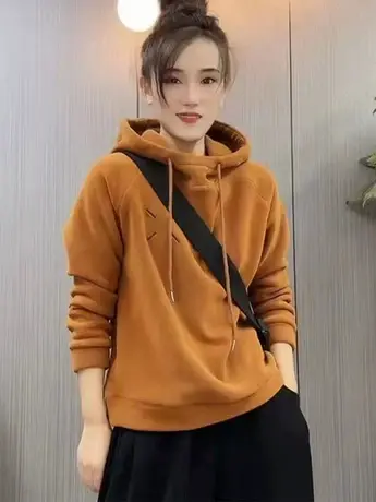 欧洲站2023秋冬新款时髦洋气连帽加厚卫衣休闲百搭纯色长袖上衣女商品大图