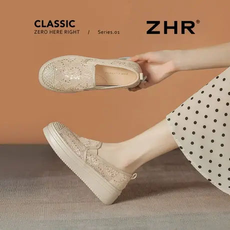 ZHR渔夫鞋女2025新款夏季网面厚底懒人一脚蹬凉鞋蕾丝增高乐福鞋商品大图