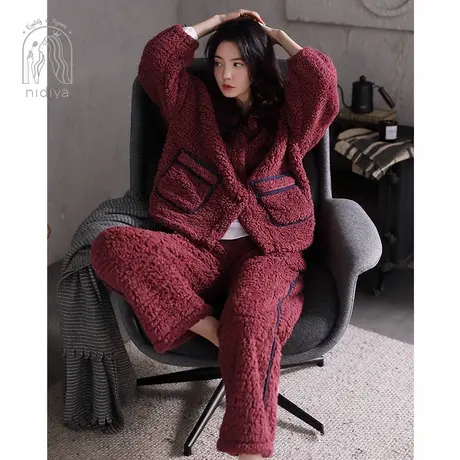 妮狄娅睡衣女秋冬珊瑚绒加厚加绒法兰绒羊羔绒开衫家居服套装外穿图片