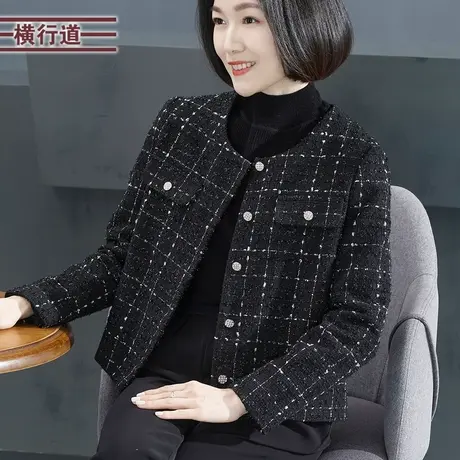 2023冬装新款圆领小香风格子宽松中年妈妈长袖外套女大码外搭开衫商品大图