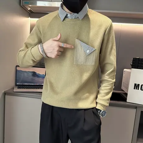 春秋季潮牌小众拼接休闲假两件卫衣男个性潮流衬衫领长袖T恤上衣商品大图