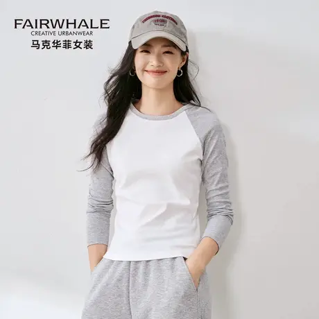 马克华菲女装螺纹撞色圆领插肩袖打底衫女2025新款内搭长袖T恤潮图片