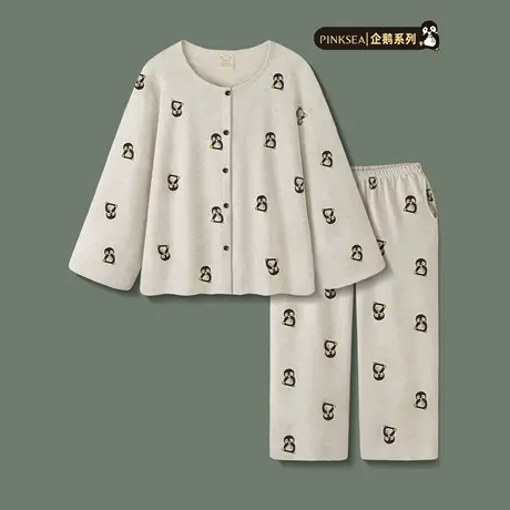 Pinksea睡衣女款春秋纯棉长袖圆领开衫套装新款女士可爱家居服商品大图