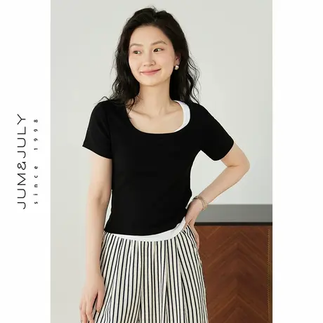 嘉茱莉2025新款夏季短袖T恤女设计感假两件方领上衣短款正肩t恤商品大图