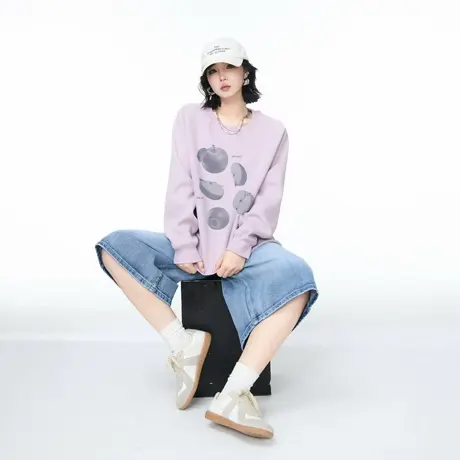 YEP春秋新款浅紫色苹果印花圆领卫衣女宽松外套美式街头套头上衣商品大图
