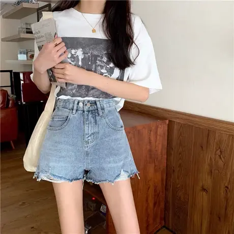 黑色破洞毛边牛仔短裤女春夏2025新款大码胖妹妹高腰阔腿a字热裤商品大图