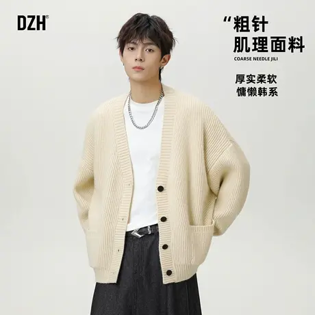 男士美式老钱风开衫毛衣男款2025新款奶白色v领上衣毛线衣针织衫商品大图