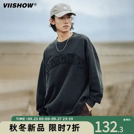 VIISHOW美式贴布绣纯棉卫衣男秋季潮牌长袖山系复古做旧圆领长T图片