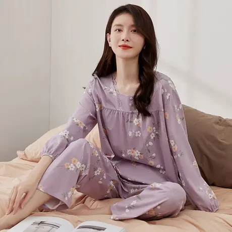 顶瓜瓜春秋纯棉睡衣女士蕾丝印花灯笼袖可外穿薄款家居服套装商品大图
