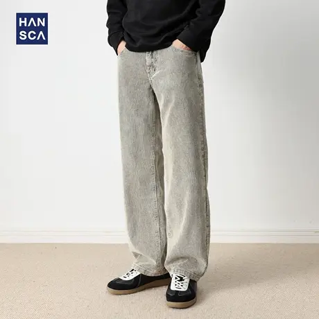 hansca复古灯芯绒保暖纯棉休闲裤男2025秋季新款宽松水洗直筒长裤商品大图
