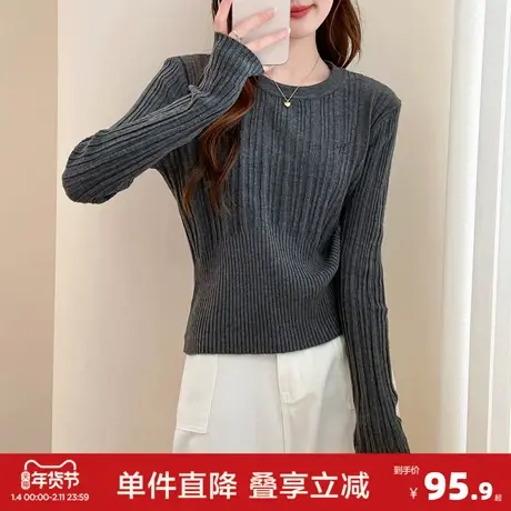 唐狮2026秋冬季毛衣女显瘦收腰灰色竖条肌理圆领套头慵懒风高级感商品大图