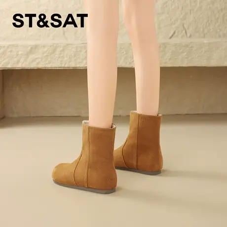 星期六加绒保暖雪地靴女爆火冬季新款棉鞋时尚百搭真皮棕色勃肯鞋商品大图