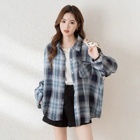 唐狮新款格子衬衫女长袖衬衣外套简约设计感时尚超好看TM商品大图