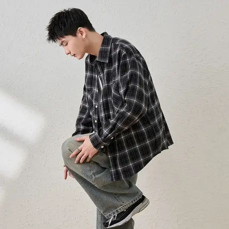 唐狮秋季款格子长袖衬衫男翻领双口袋工装衬衣青少年格纹外套潮TD图片