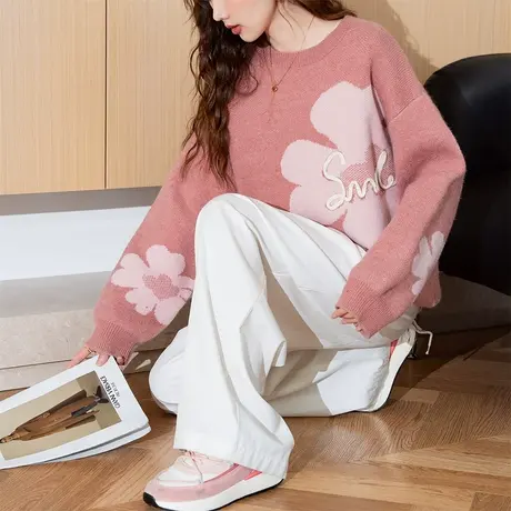 唐狮秋冬新款毛衣女花朵图案圆领套头慵懒高级感粉色甜美温柔系TD商品大图