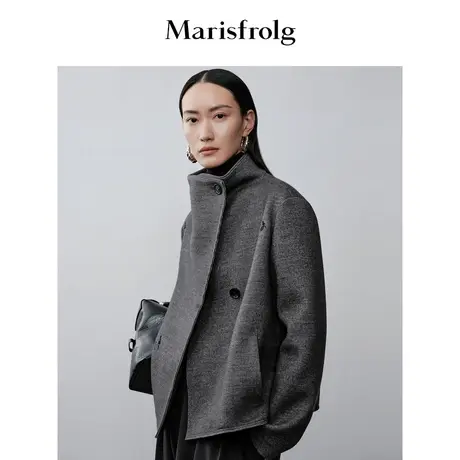 【艺术时装大衣】玛丝菲尔2023年秋季新款灰色高领短款毛呢大衣商品大图