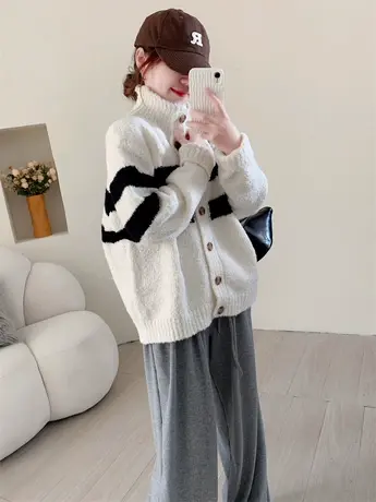 加厚条纹软糯高领毛衣开衫女秋冬新款女装宽松显瘦百搭针织外套潮图片