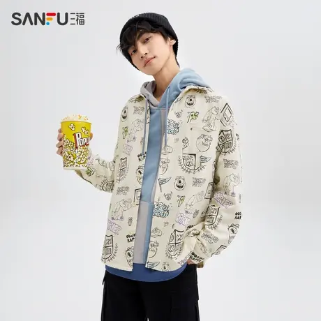 【怪兽大学联名】三福2023冬男士满版印花纯棉长衬衫男477057商品大图