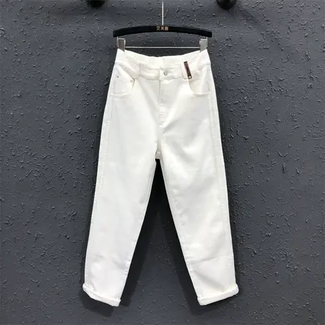 欧货个性贴布哈伦裤女秋冬新款米白色简约萝卜裤宽松百搭牛仔长裤图片