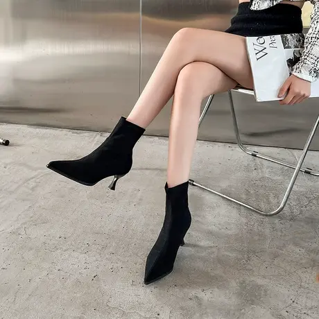 尖头细跟短靴2023秋新款百搭瘦瘦靴子高跟鞋女马丁靴裸靴中跟冬季图片
