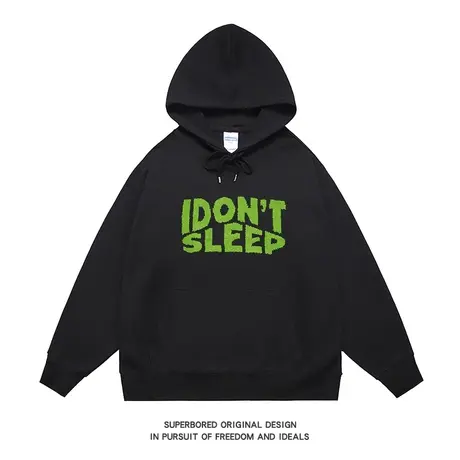 港风趣味绿字母印花卫衣男秋冬款连帽宽松美式休闲长袖套头上衣商品大图