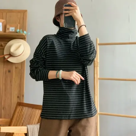 dza复古双面绒条纹上衣女2023秋冬宽松条纹T恤短款宽松高领打底衫商品大图