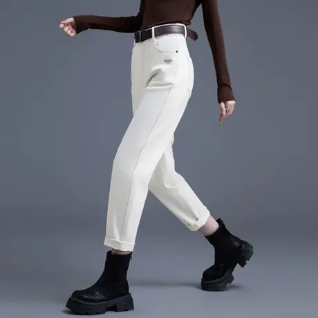 米白色裤子女士牛仔裤女秋冬季2023爆款加厚加绒哈伦萝卜裤小个子商品大图