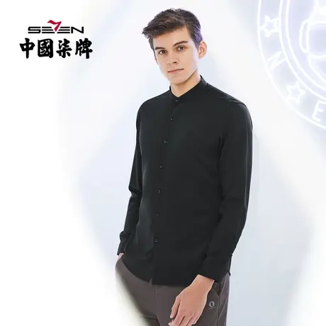 柒牌立领衬衫清仓男长袖商务休闲复古青年黑色刺绣开衫衬衣商品大图