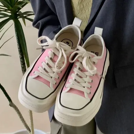 方头帆布鞋子女厚底小白鞋百搭2023新款网红超火爆款增高学生板鞋图片