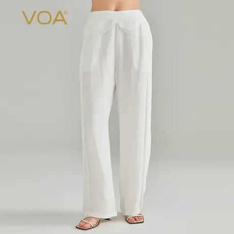 VOA荔枝白双层真丝拼接提花织锦自然腰对丝工艺侧口袋真丝直筒裤图片