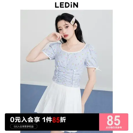 乐町甜美抽褶短上衣女2023秋季新款方领设计感减龄雪纺衫图片