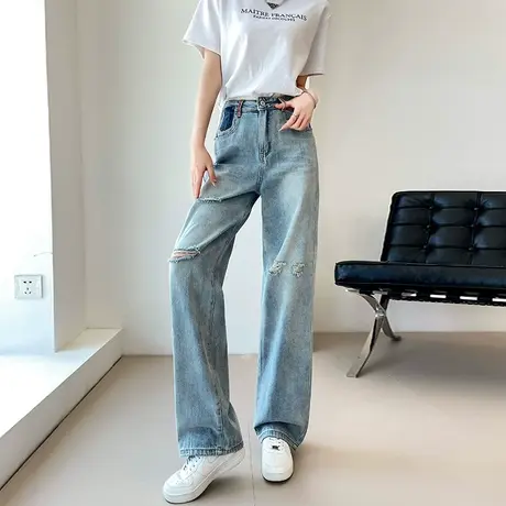 窄版阔腿高腰破洞牛仔裤女夏季薄款显瘦宽松垂感梨型身材拖地裤子商品大图