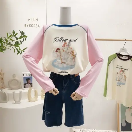 2023夏季长袖T恤韩国东大门复古小天使撞色防晒罩衫薄款欧货宽松商品大图