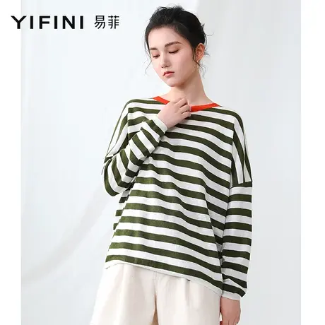 Yifini/易菲条纹针织衫女薄款t恤宽松慵懒风长袖内搭上衣夏季新款商品大图