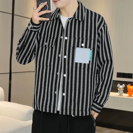 条纹夹克外套男士翻领2023秋季新款潮流休闲修身男装上衣服夹克衫商品大图