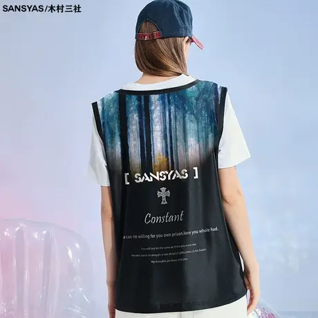 木村三社SANSYAS 国潮原创蓝印花潮牌无袖健身背心男夏季宽松休闲商品大图