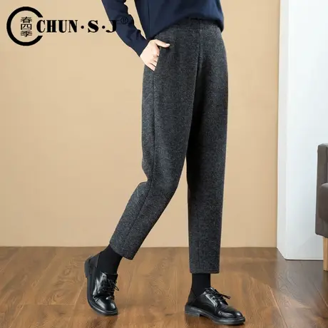 秋冬新款加绒哈伦裤女加厚休闲裤弹力针织大码女裤高腰毛呢萝卜裤商品大图