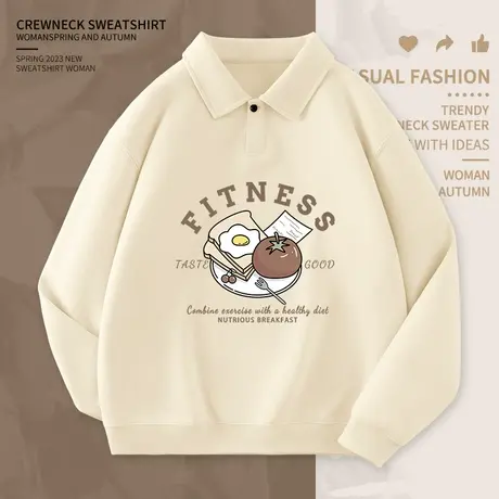 美式复古polo卫衣女春秋2023新款秋季外套薄款情侣装翻领无帽上衣商品大图