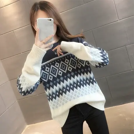 民族风圆领套头毛衣女宽松外穿2023秋冬新款女士内搭打底针织衫厚商品大图