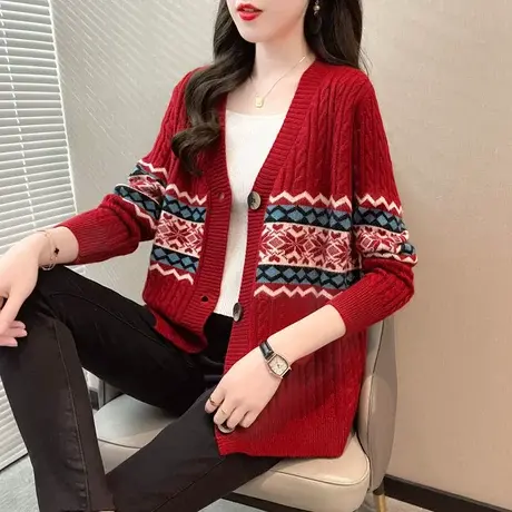 V领提花针织开衫女2022年秋装新款韩版宽松外穿慵懒风毛衣外套女图片
