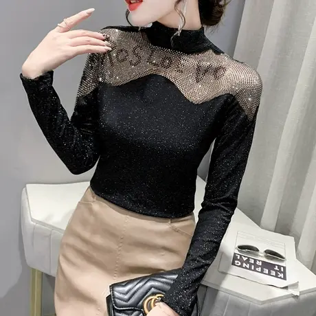 加绒打底衫女春秋欧货洋气烫钻长袖T恤性感镂空小衫紧身内搭上衣图片