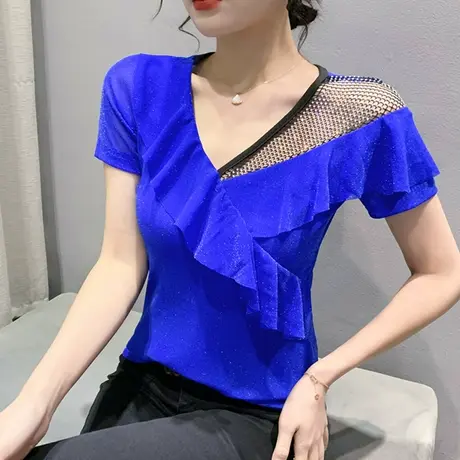 网纱拼接T恤女短袖欧货性感镂空小衫荷叶边V领上衣紧身百搭半袖商品大图