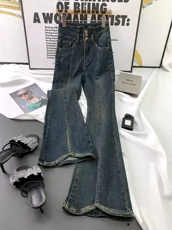 水洗做旧排扣牛仔喇叭裤女2023秋季新款显瘦百搭裤脚开叉微喇长裤商品大图
