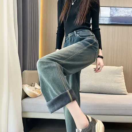 复古阔腿牛仔裤女2025春秋新款高腰宽松小个子窄版加绒加厚直筒裤商品大图
