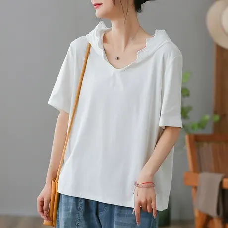 dza复古连帽短袖T恤女2023夏季薄款纯棉白色打底体恤显瘦套头上衣商品大图