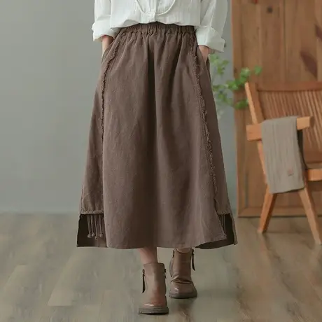 dza 高腰显瘦文艺休闲半身裙子女春秋新款宽松A字裙民族风大摆裙图片
