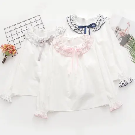 日系少女小众风刺绣双层花边长袖衬衫女甜美文艺小清新娃娃衫上衣图片